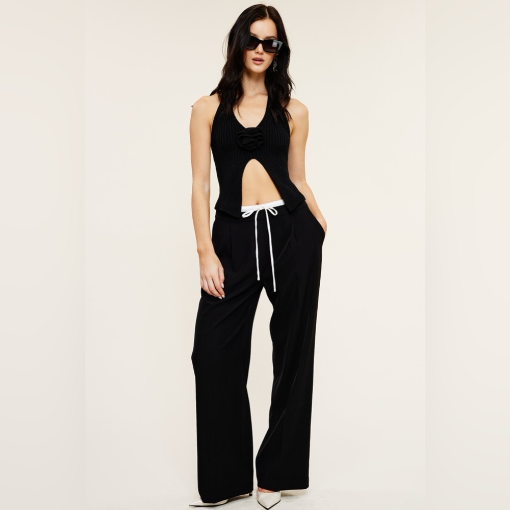 319. Alexa Halter Rose Detail Ribbed Top in Black